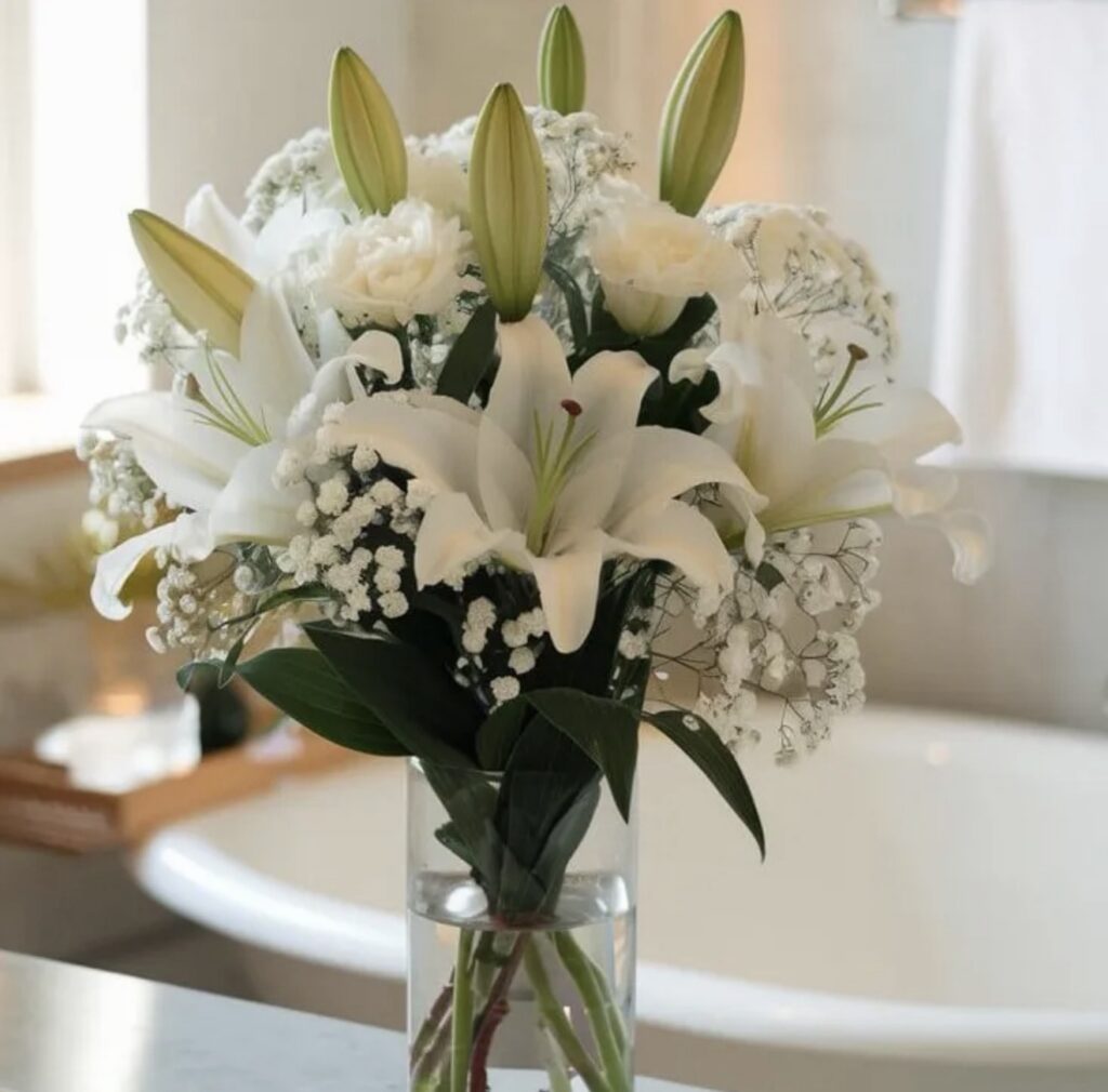 Vase With 5 Pieces Lily and Gypshophila