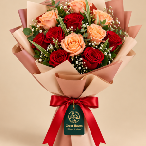Crimson & Peach Rose Elegance Bouquet