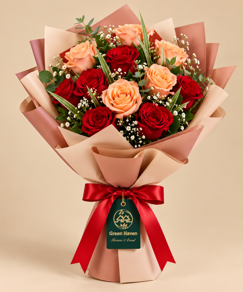 Crimson & Peach Rose Elegance Bouquet