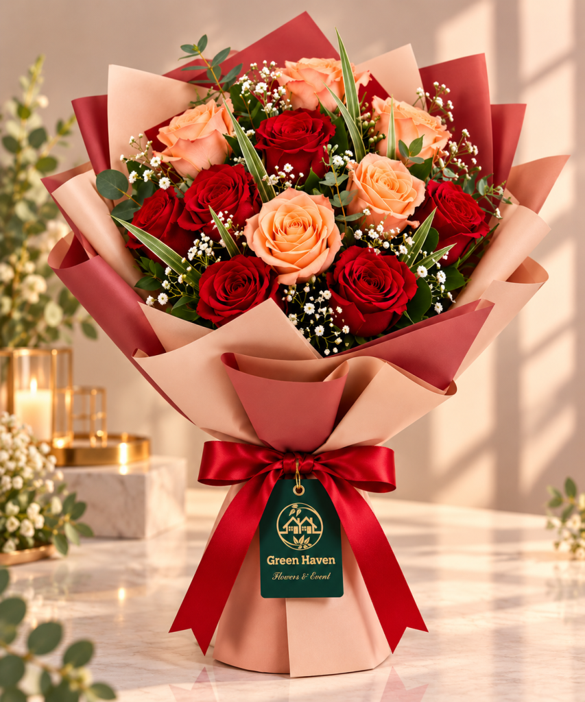 Crimson & Peach Rose Elegance Bouquet