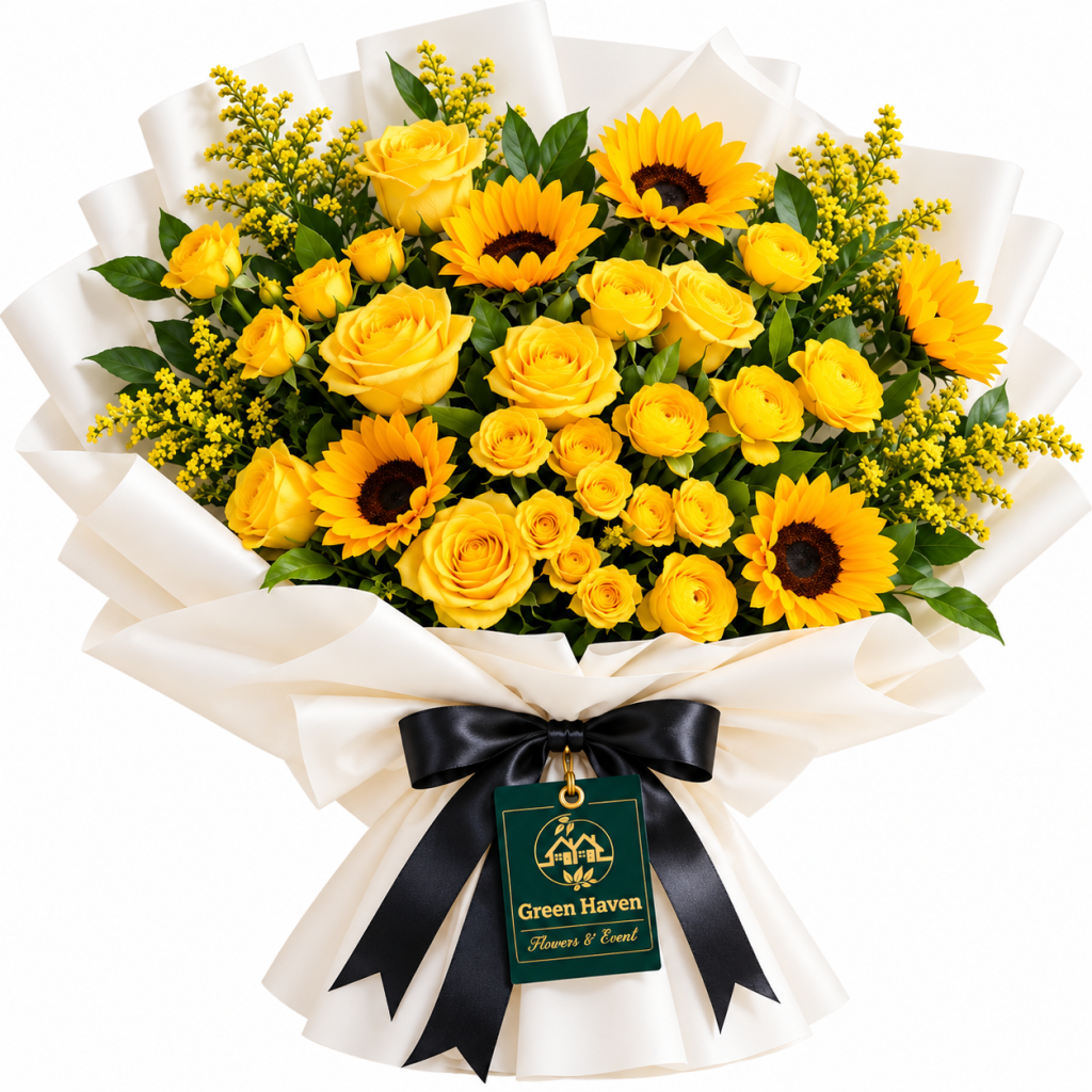Golden Sunshine Rose & Sunflower Bouquet