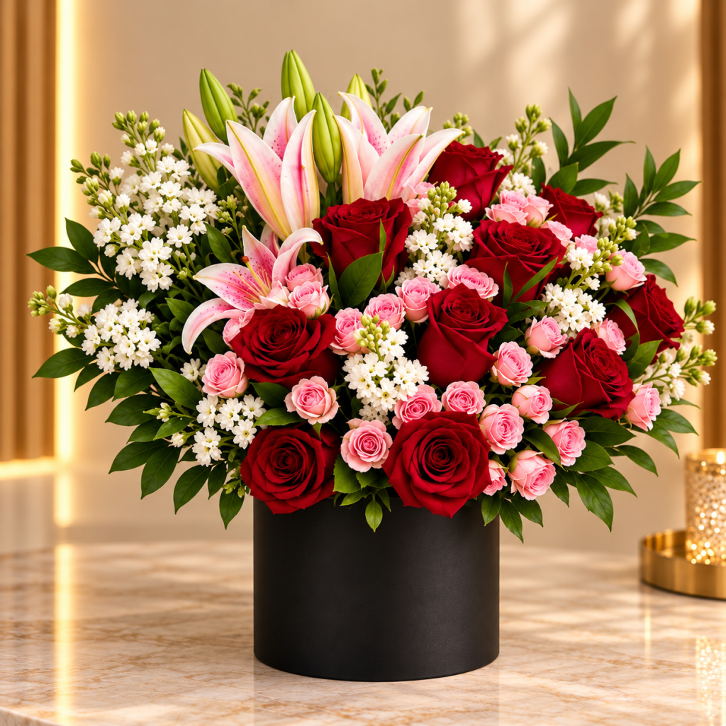 Royal Red Rose & Pink Lily Luxury Flower Box