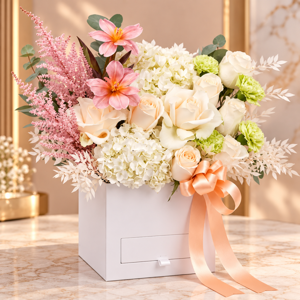 Peach Blossom & Ivory Rose Luxury Flower Box