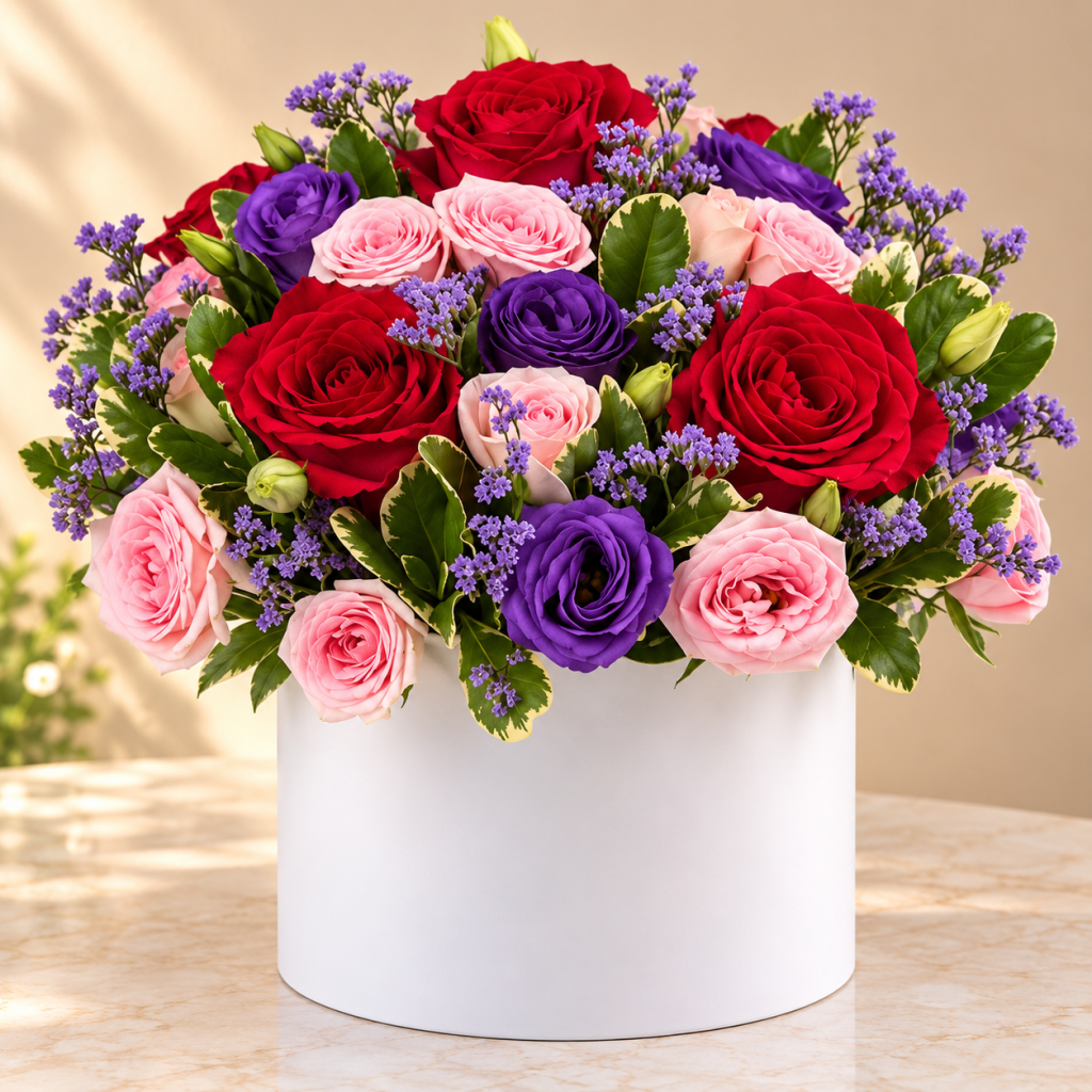 Royal Romance Rose & Purple Lisianthus Flower Box