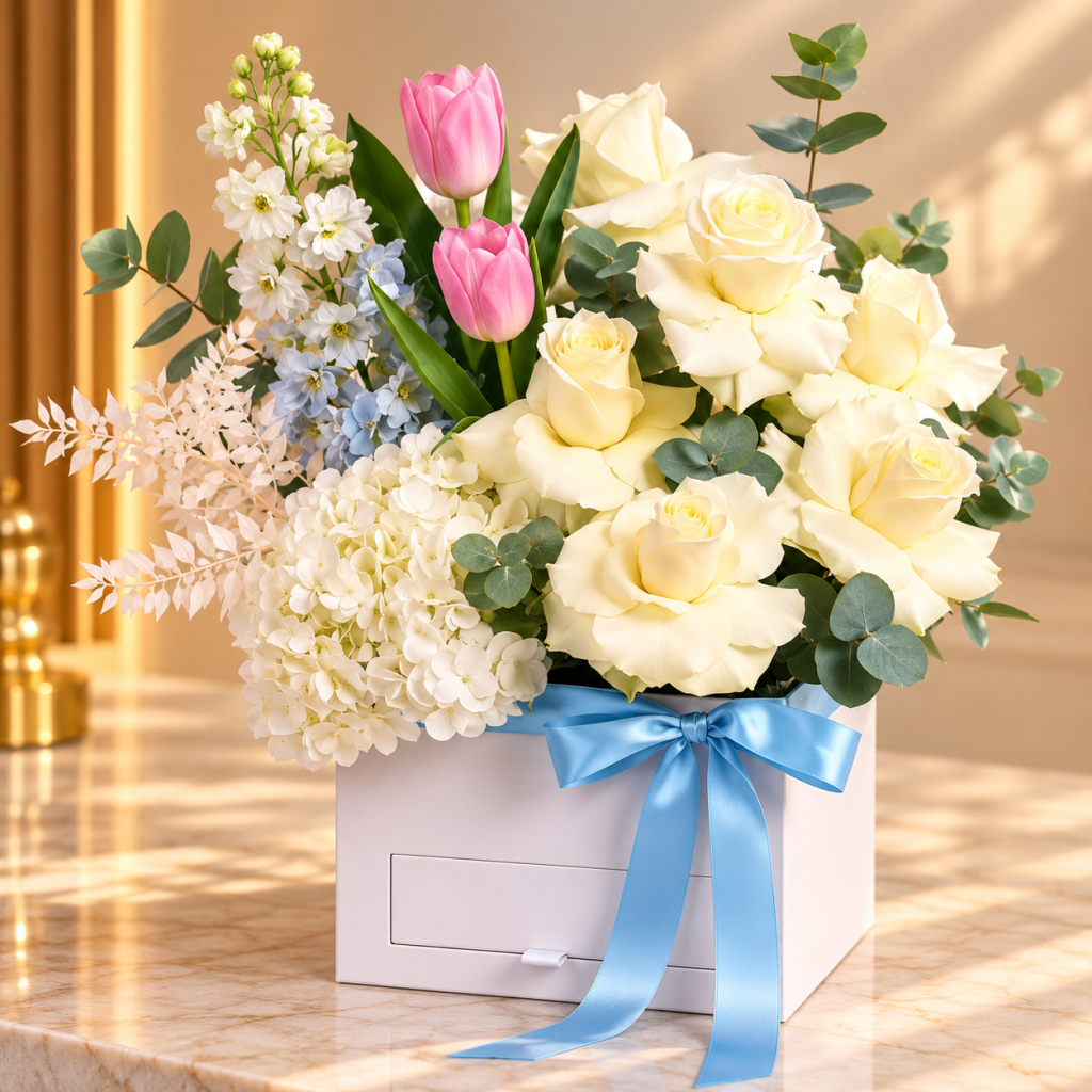 Ivory Rose & Pink Tulip Luxury Flower Box