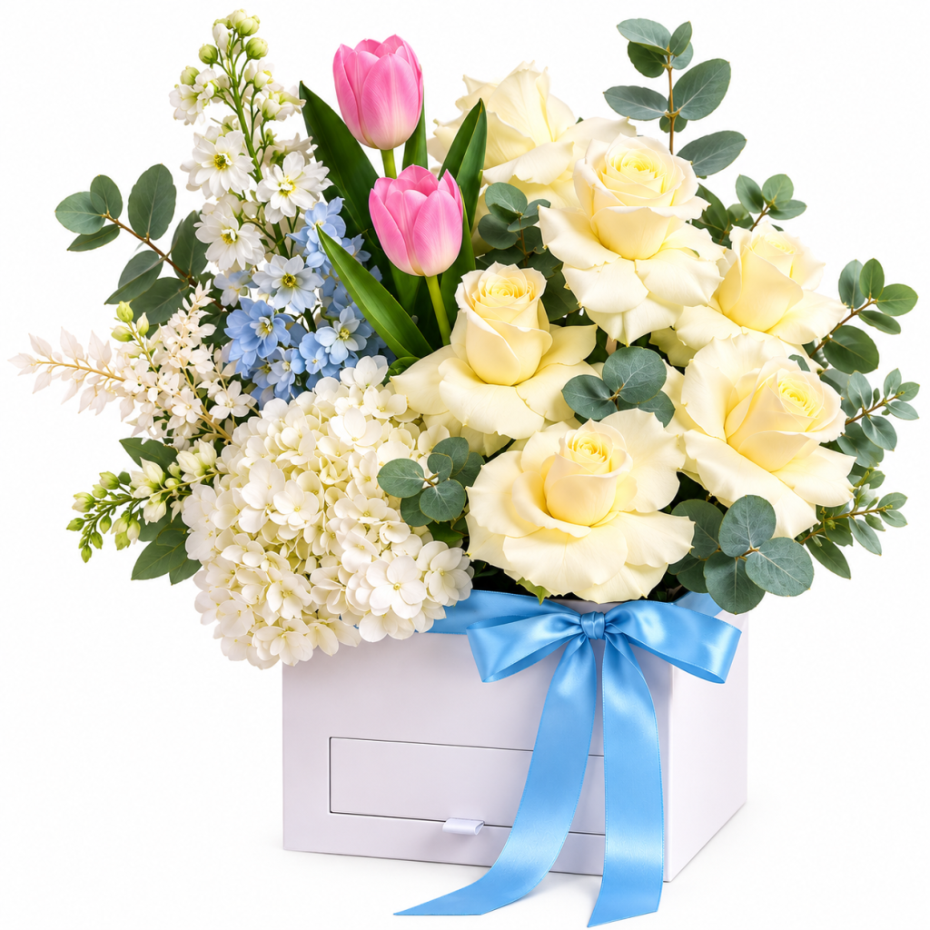 Ivory Rose & Pink Tulip Luxury Flower Box