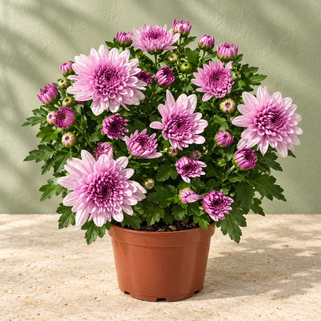 Lavender Pink Chrysanthemum Plant
Pot 12 Cm Height 15-25Cm
Description: Enjoy soft floral colour with this Lavender Pink Chrysanthemum. Its full, layered flowers feature pale pink-lilac petals and deeper purple centres, beautifully framed by green foliage. This potted flowering plant makes a charming gift or an elegant addition to a seasonal plant collection.