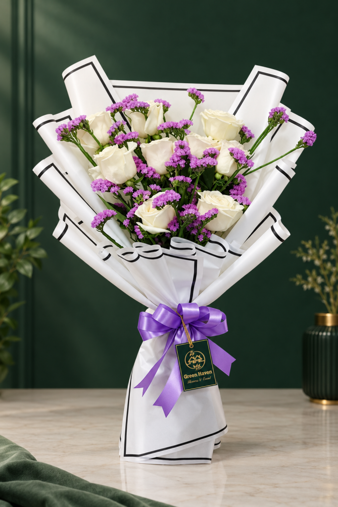 White Rose and Purple Statice Bouquet