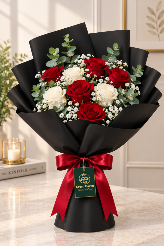 Elegant Red & White Rose Bouquet