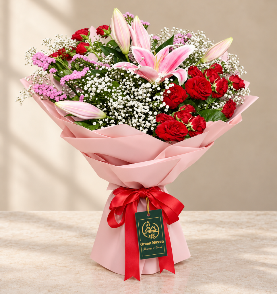 Pink Lily & Red Rose Bouquet