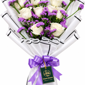 White Rose and Purple Statice Bouquet