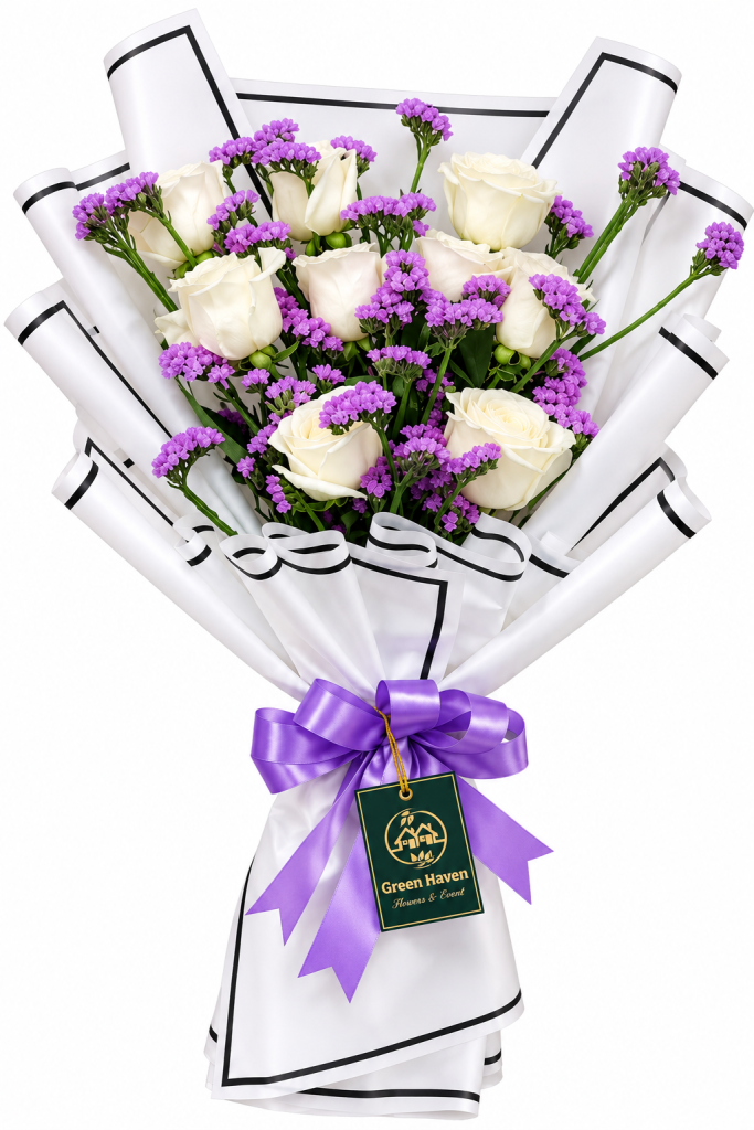 White Rose and Purple Statice Bouquet