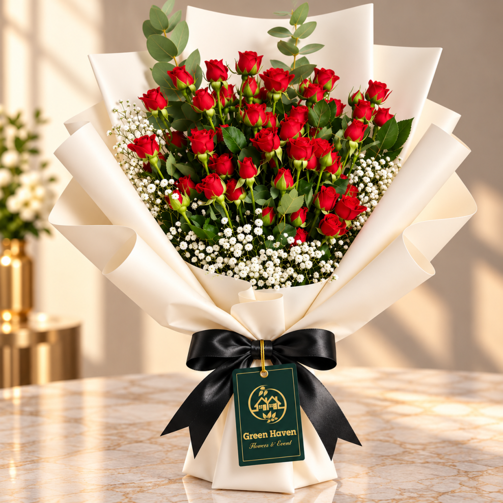 Red Rose & Baby’s Breath Luxury Bouquet