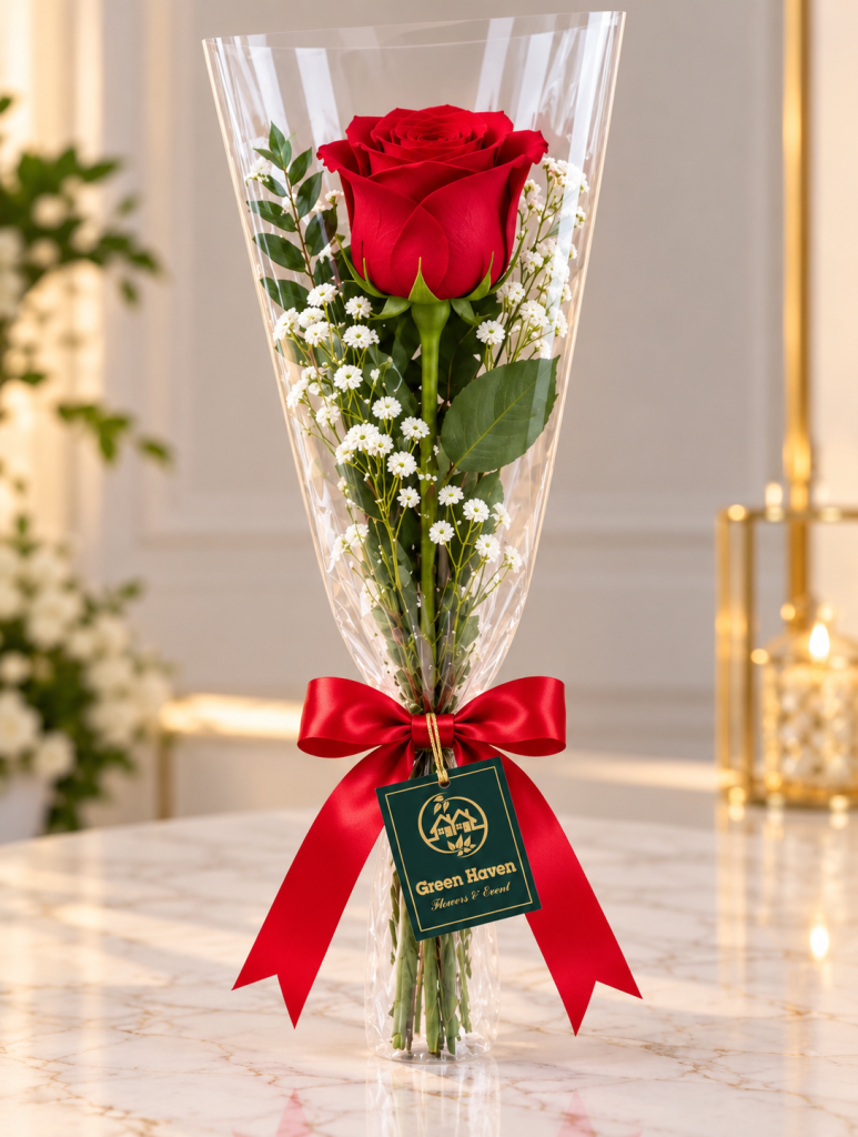 Single Red Rose with Baby’s Breath Bouquet