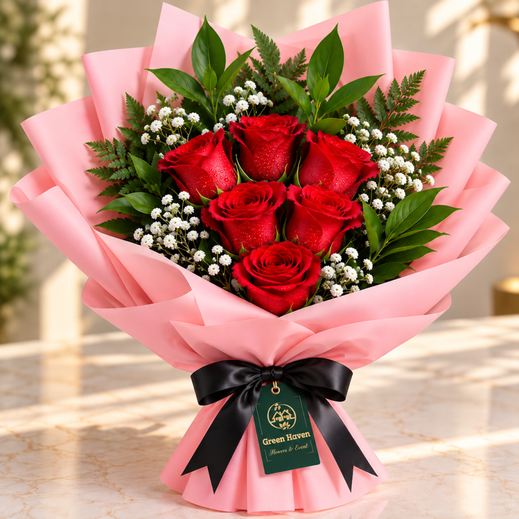 Scarlet Love – 6 Red Roses Bouquet