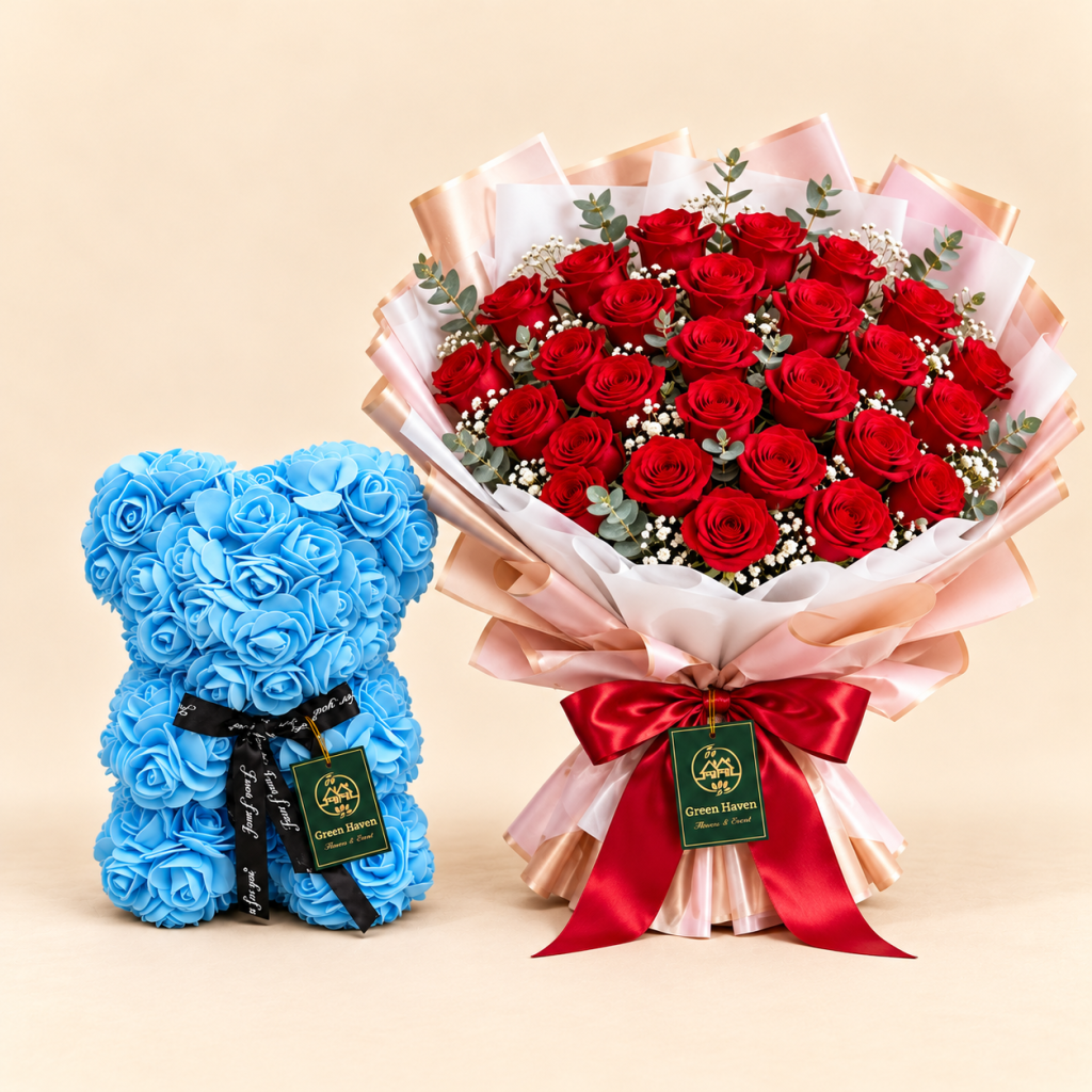 Ruby Love Bouquet & Blue Rose Teddy Gift Set 🌹🧸💙