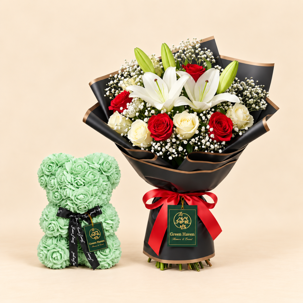 Lily Love Bouquet & Mint Rose Teddy Gift Set